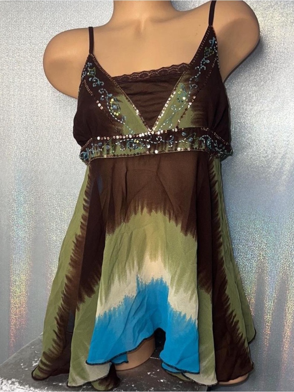Boho Tie-Dye Spaghetti Strap Tank Top in Brown & Olive with Blue Accent